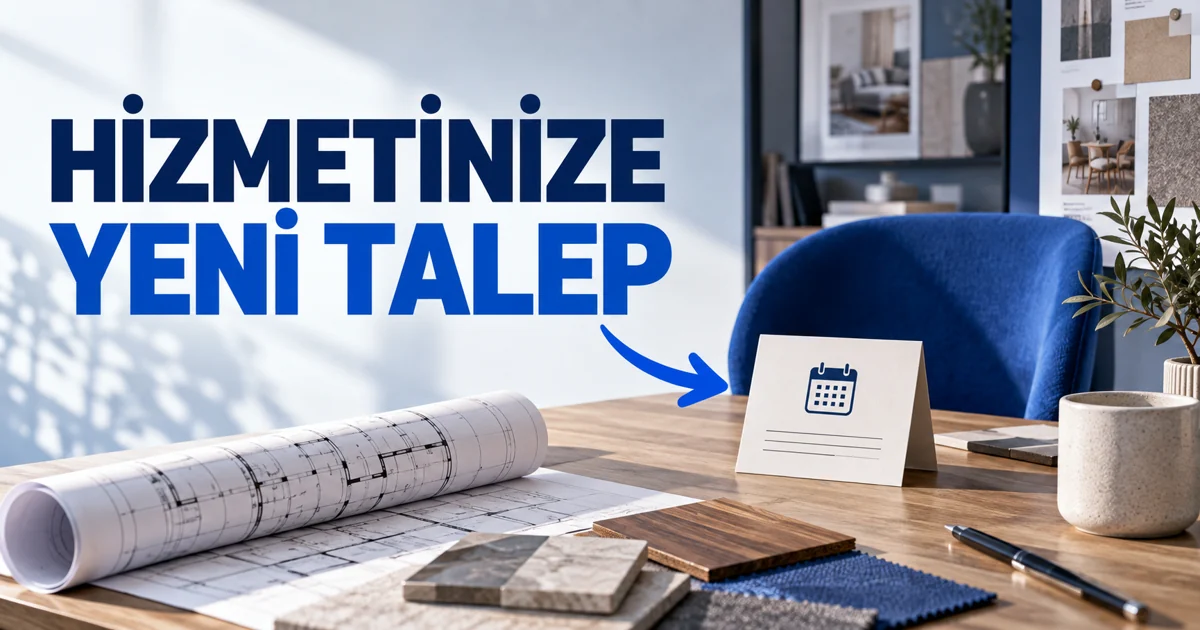 Ofis planı, mavi koltuk ve randevu kartı; Hizmetinize yeni talep başlığı